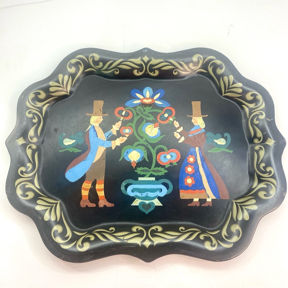 Vintage Hand-painted Pennsylvania Dutch toleware tin tray Folk Art Decorative